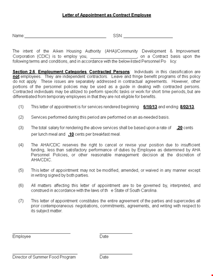 contract employee appointment letter: secure your new role as a sponsored employee template