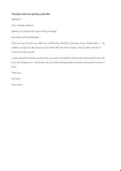 rejecting of job offer thank you letter example template
