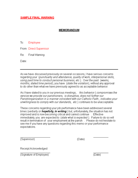 employee warning letter - final notice: regarding employee's warning template