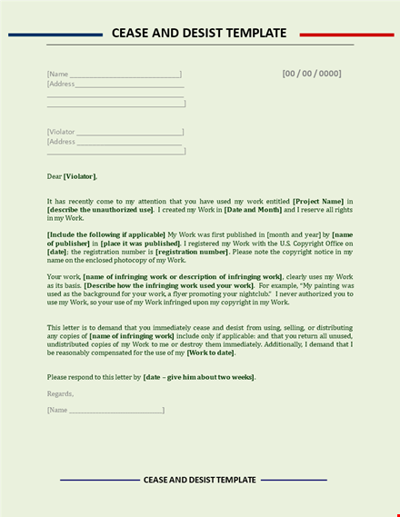 cease and desist template for infringing activities template