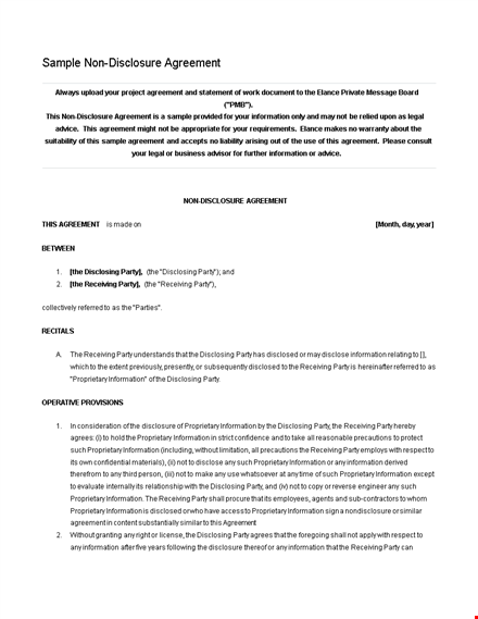 download non disclosure agreement template for parties receiving/disclosing information template