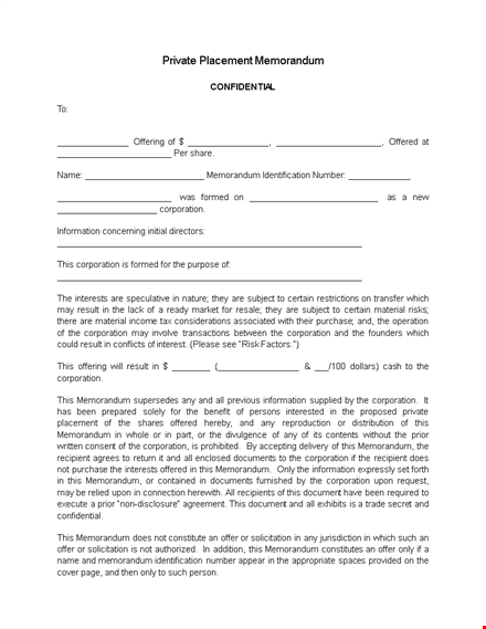 private placement memorandum template for corporation shares template