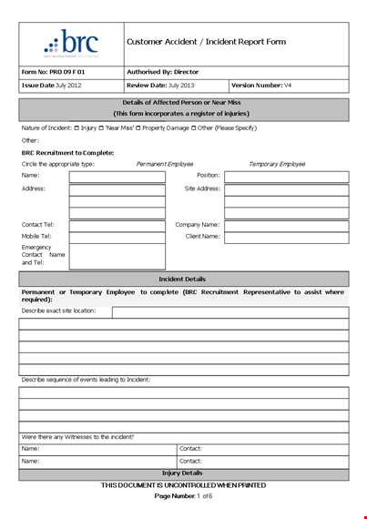 customer accident incident report template