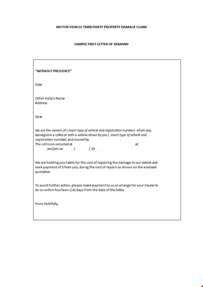 claim letter for vehicle damage: file a claim letter to the party template