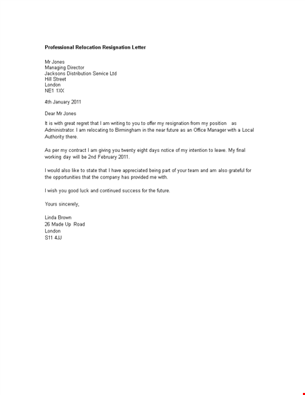 professional relocation resignation letter template