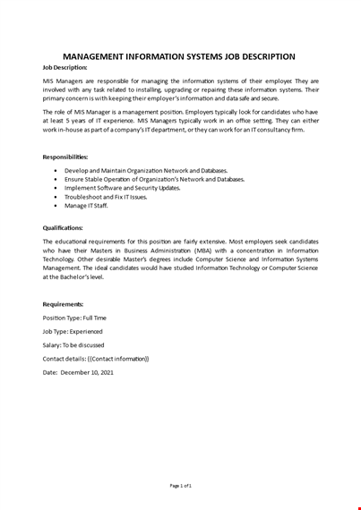 information system manager job description template