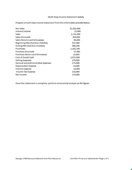 multi step income statement for job template