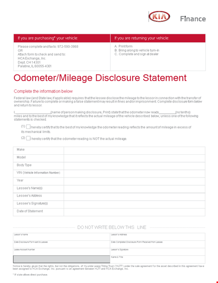 complete odometer disclosure statement for vehicle lessees - mileage included template