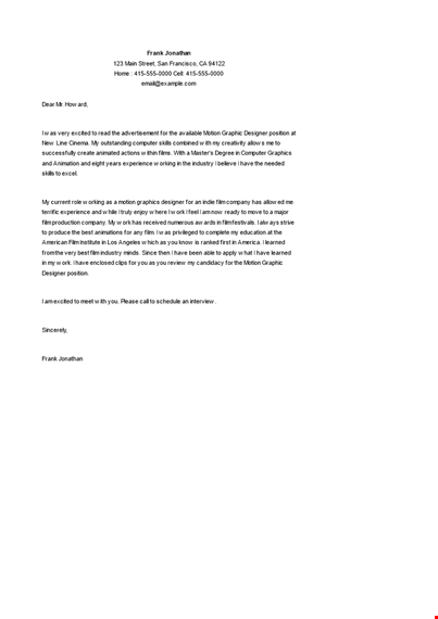 motion graphic designer cover letter template