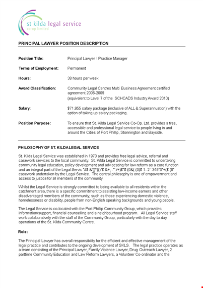 principal lawyer job description - legal services | community practice template