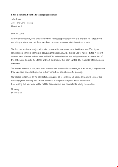sample complaint letter to contractor about job template