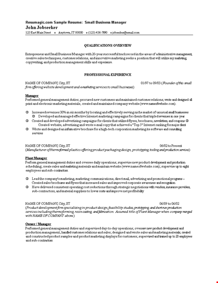 small business manager resume template