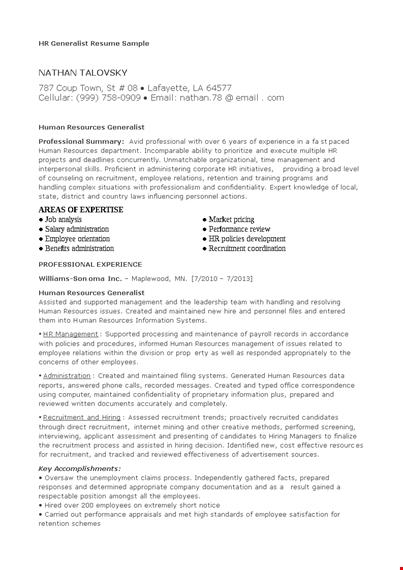 hr generalist resume template