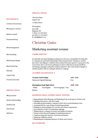 entry level marketing assistant resume template