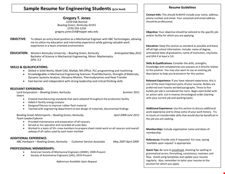 engineering student curriculum vitae template