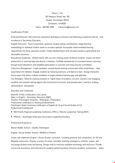 experienced teacher resume format template