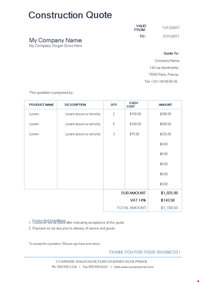 construction quotation template template