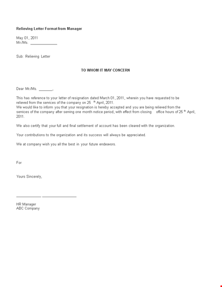 relieving letter format from manager template