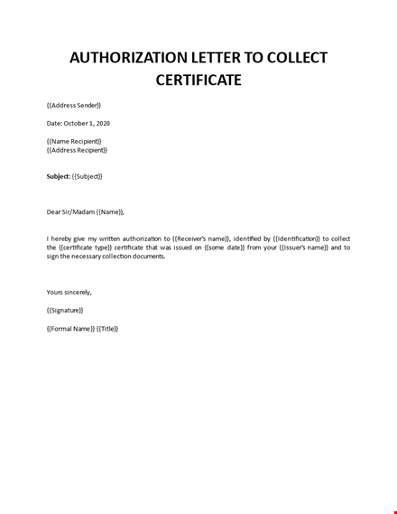 authorization letter template to collect certificate template