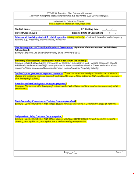 effective transition plan template for post-school outcomes template