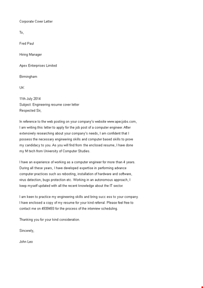 corporate cover letter template