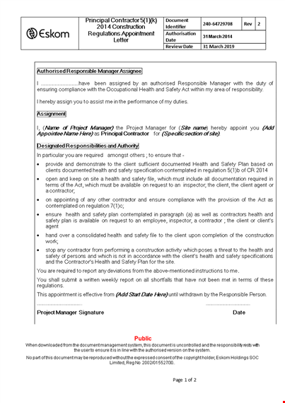 principal contractor appointment letter template template