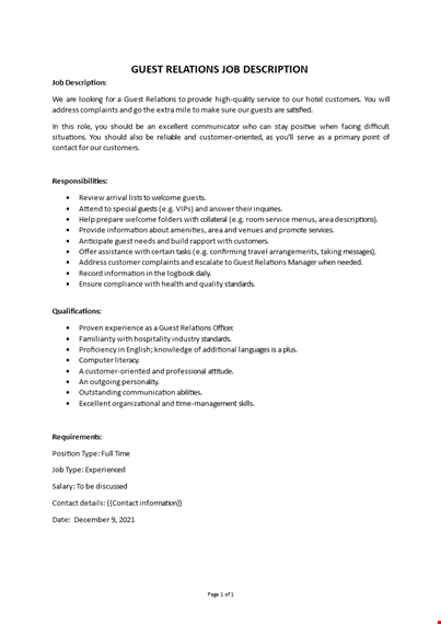 guest relations job description template