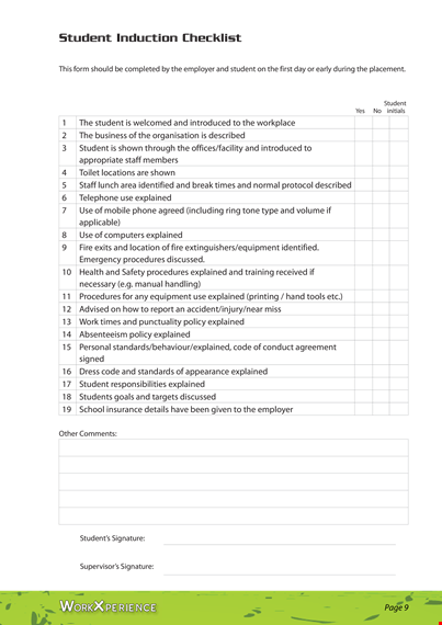 student induction checklist template