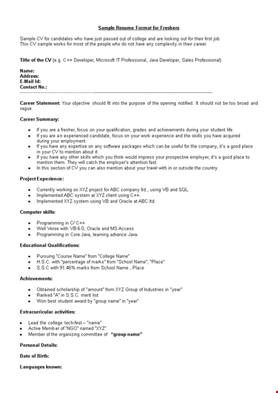 free it fresher resume format example template