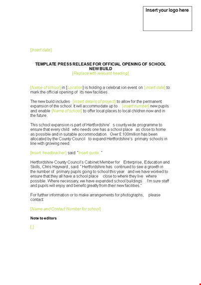 free press release template for schools in hertfordshire - simply insert your details template