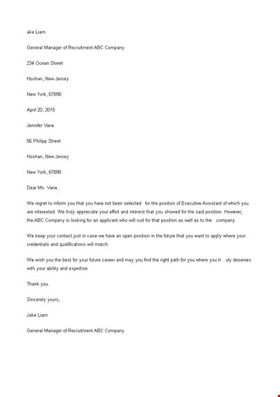 standard employment rejection letter template