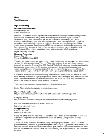 digital marketing assistant resume - created by marketing specialists template