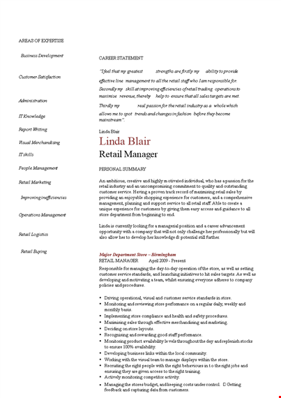 retail manager work resume template