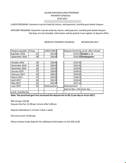 daycare lunch program payment schedule sample template