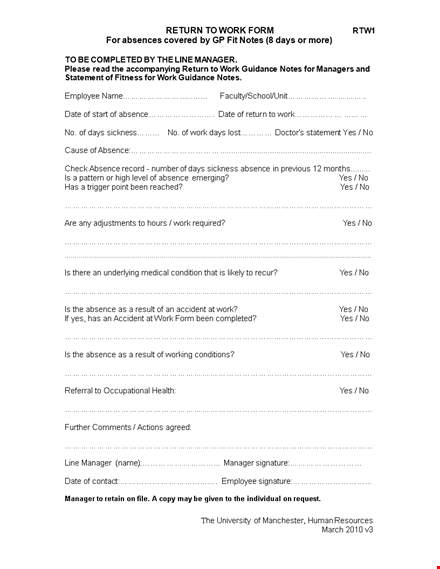 return to work form for managers - streamline absence reporting template