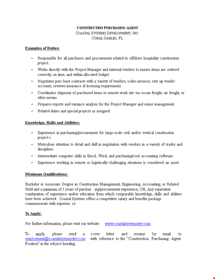 construction purchasing agent job description | project experience | procurement template