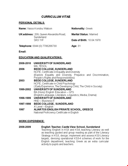 resume for teacher job application template
