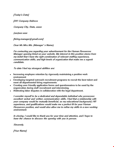 job application letter for hr manager template