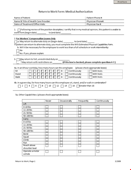 return to work form - download printable return to work form for employees template