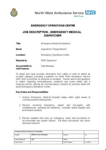 medical dispatcher job description - emergency dispatch with demonstrated medical skills template