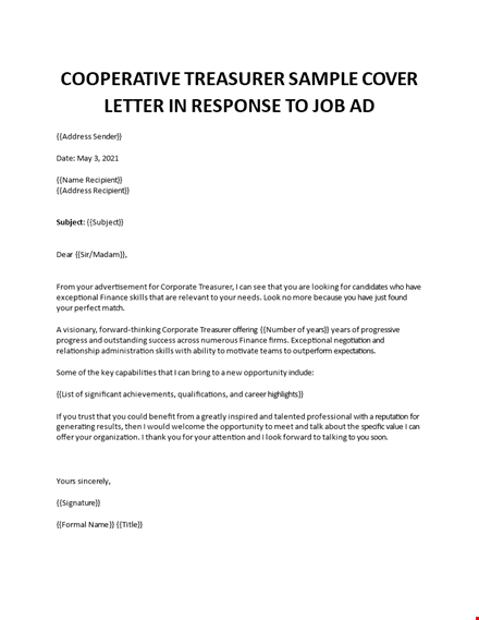 corporate treasurer cover letter template