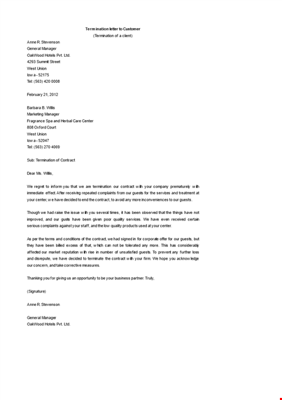contract termination letter to customer word format template