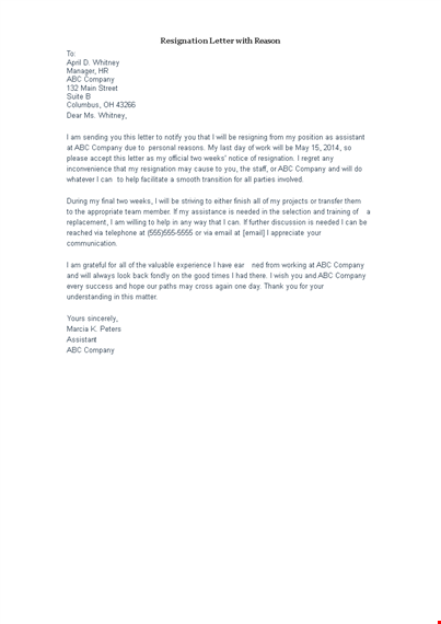 formal resignation letter format sample with reason template