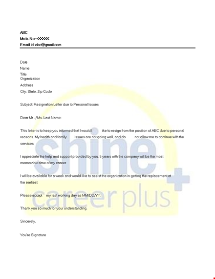resignation letter with reason of health template