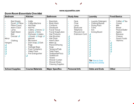 dorm room essentials checklist template