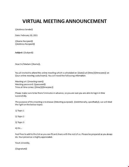 virtual meeting announcement letter template