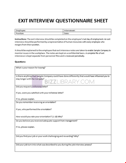 exit interview questionnaire sheet template