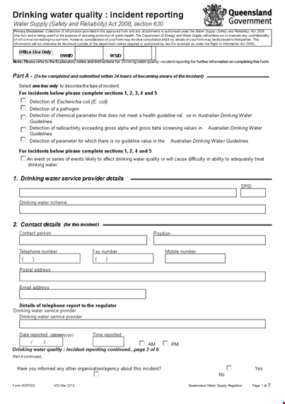 water quality incident report: information on drinking water incidents template