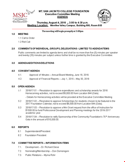 executive committee meeting agenda template