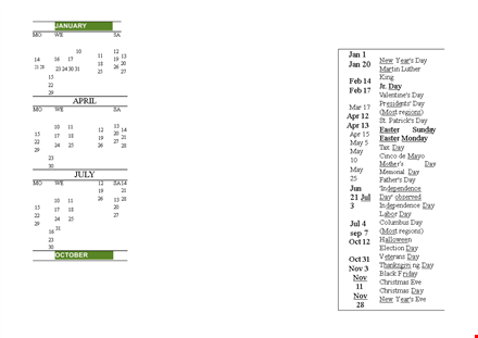 holidays calendar template